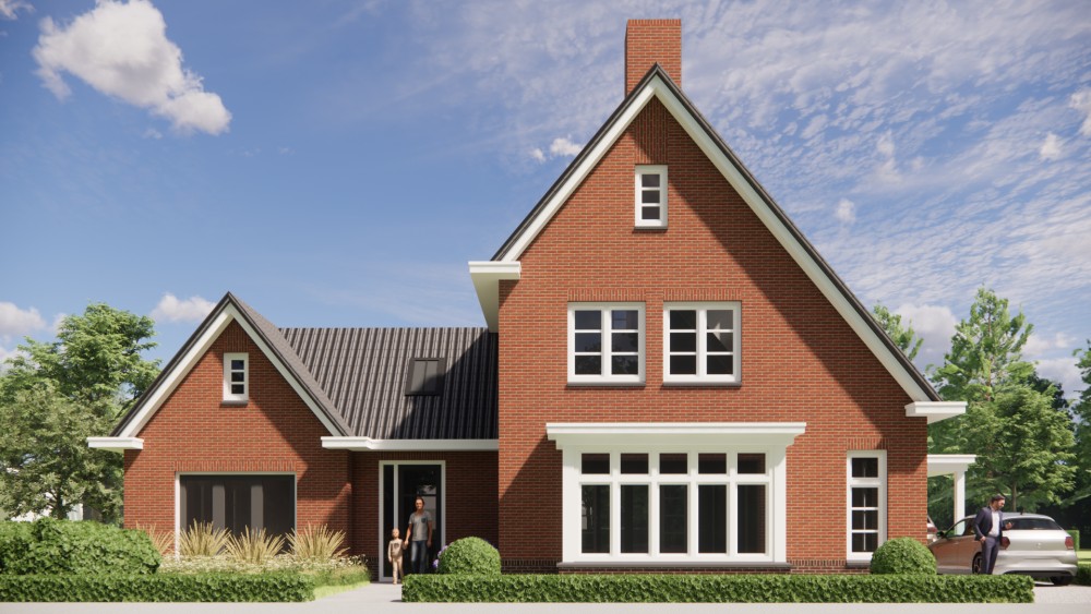 3D Render van vrijstaande jaren 30 woning met metselwerk gevels en zadeldak met gegolfde dakpannen 4