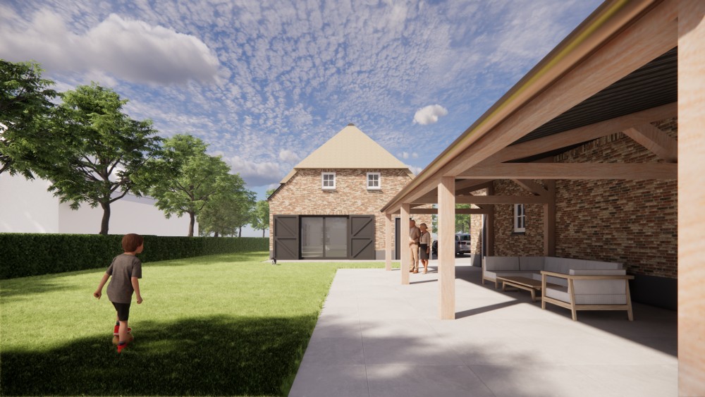 3D Render van vrijstaande landelijke woning met rieten wolfsdak en bruine metselwerkgevel 7