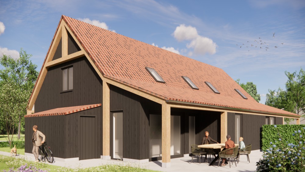 Afbeelding van Moderne schuurwoning met hout, gegolfde dakpannen en houten balken buiten - e677feed-e622-4062-bfdf-191ccbab3633