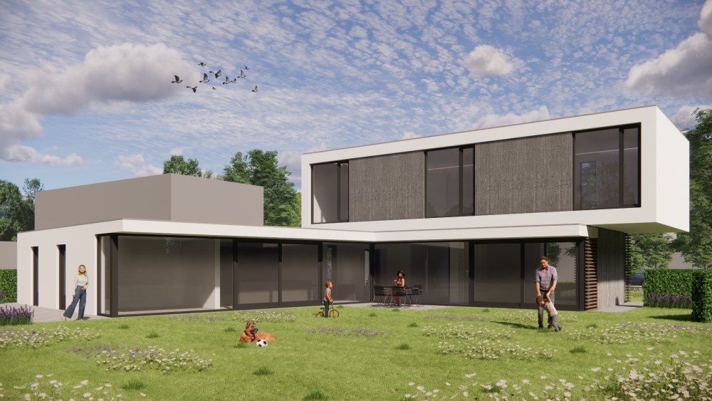3D Render van strakke kubusvormige woning met wit stucwerk en houten geveldelen 4