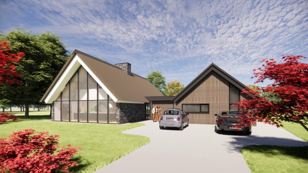 3D Render van landelijke villa met rieten zadeldak, houten accenten en risaliet 1