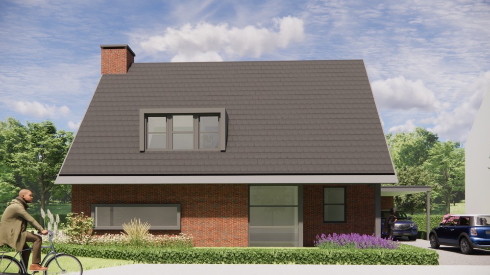 3D Render van moderne vrijstaande woning in metselwerk met zadeldak en vlakke dakpannen 6