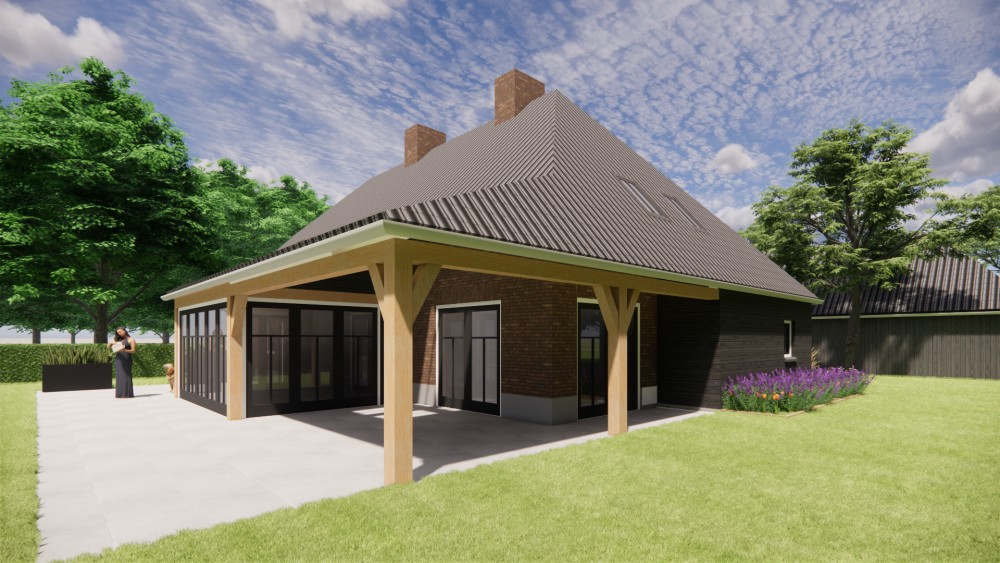 3D Render van landelijke boerderijwoning in metselwerk met wolfsdak met gegolfde dakpannen en houten accenten 5
