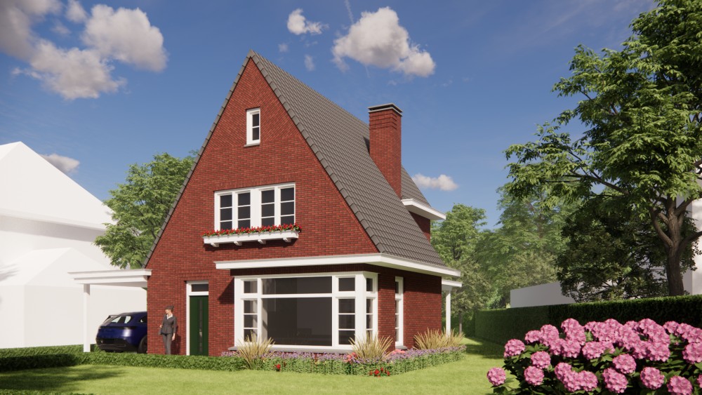 3D Render van vrijstaande woning in jaren 30 stijl met metselwerk gevels en zadeldak met gegolfde dakpannen 5