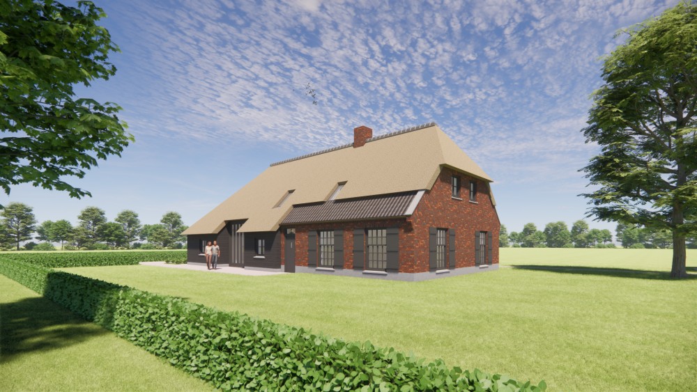 Afbeelding van Boerderijwoning met rieten wolfsdak, houten accenten en metselwerkgevels - 49f07a96-320e-475b-9837-a6ef0179613a