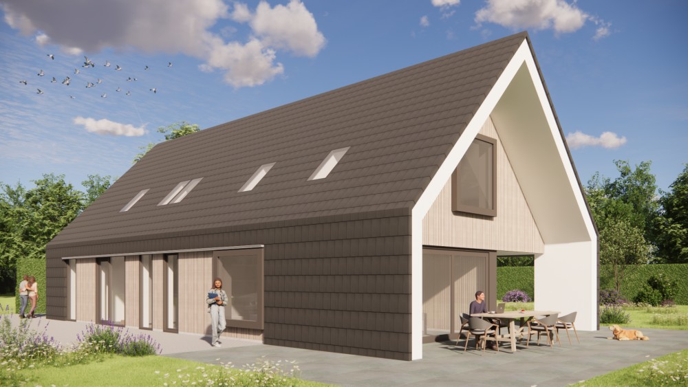 Afbeelding van Moderne schuurwoning met zadeldak, houtaccent en vlakke dakpannen - 3ca6a6c9-9495-45d3-a447-591a231d594b