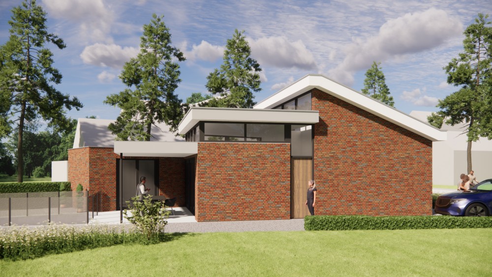 Afbeelding van Moderne vrijstaande woning in metselwerk met lessenaarsdak met vlakke dakpannen en verholen dakgoot - fb4d5532-a7d9-4a04-8acc-1fbba6d542bb