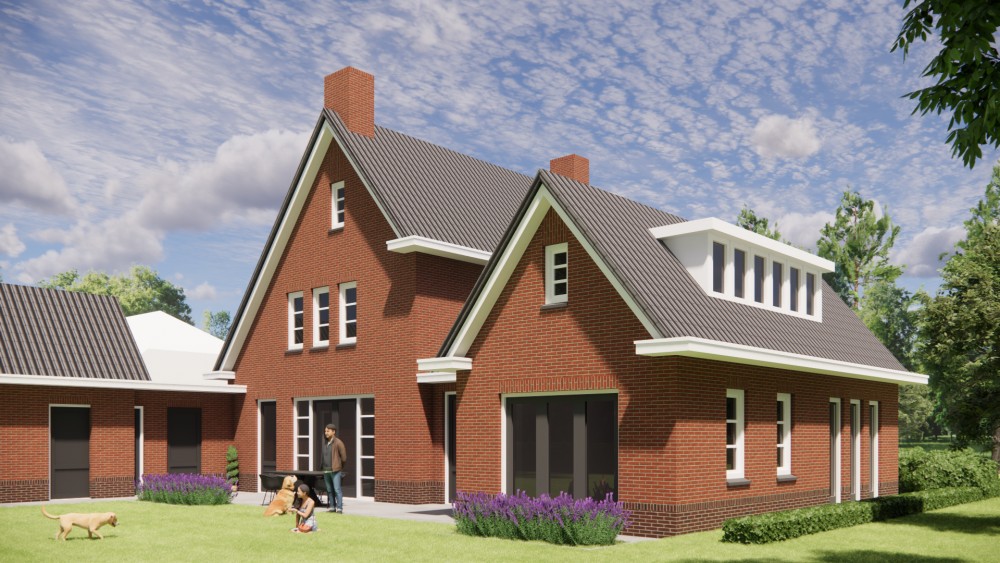 3D Render van vrijstaande jaren 30 woning met metselwerk gevels en zadeldak met gegolfde dakpannen 6