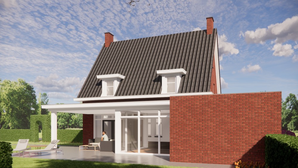 3D Render van jaren 30 notariswoning met zadeldak, metselwerk en houten kozijnen 5