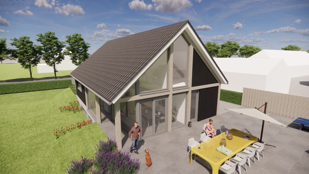 3D Render van vrijstaande schuurwoning met houten gevel, hoekkozijnen en overkapt terras 7