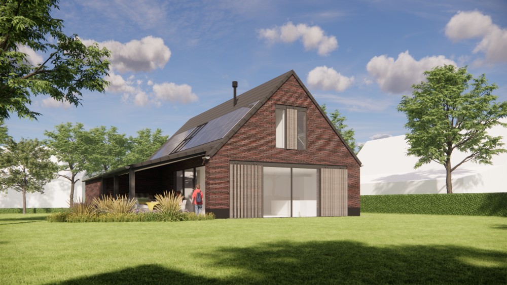 3D Render van vrijstaande schuurwoning met metselwerk gevels en zadeldak met vlakke dakpan 8
