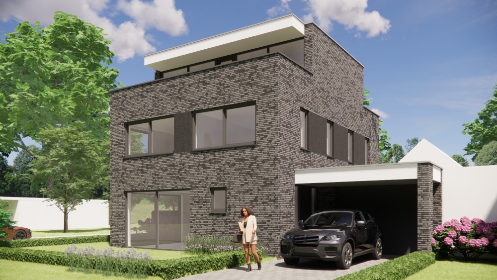 Afbeelding van Kubistische vrijstaande woning met zwart en grijs metselwerk, plat dak en dak overstek - 52407259-b14d-482a-aa95-198bdb6f2177