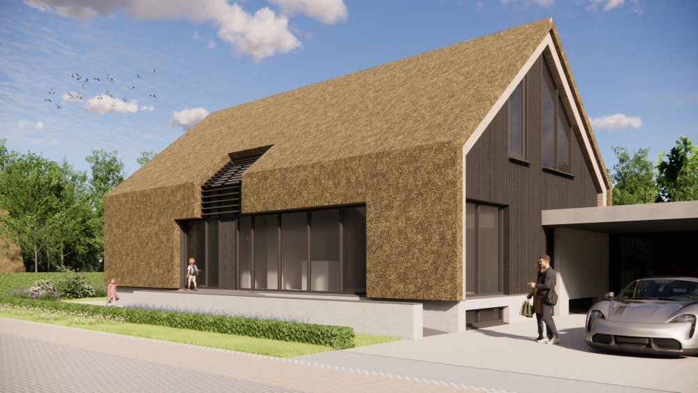 Afbeelding van Moderne schuurwoning met rieten zadeldak en houten gevels - e3d9682a-ffd3-47d6-8717-ac548a74fbd5