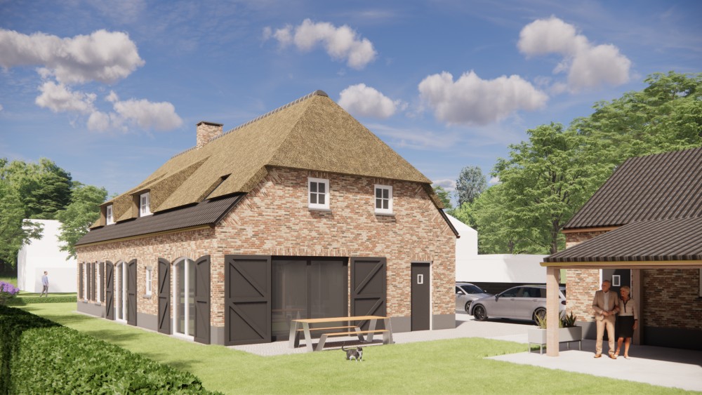 3D Render van vrijstaande landelijke woning met rieten wolfsdak en bruine metselwerkgevel 6