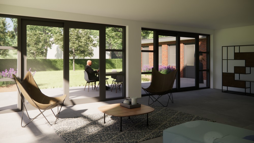 3D Render van moderne vrijstaande woning in metselwerk met zadeldak en vlakke dakpannen 4