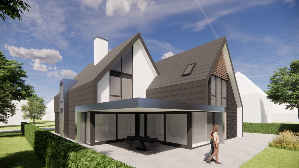 Afbeelding van Eigentijdse villa met metselwerk gevels en zadeldak met vlakke dakpannen - d9a75ce2-f9a5-4846-8d83-df7a2fbed7ab