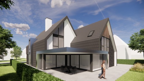 Afbeelding van Eigentijdse villa met metselwerk gevels en zadeldak met vlakke dakpannen - d9a75ce2-f9a5-4846-8d83-df7a2fbed7ab