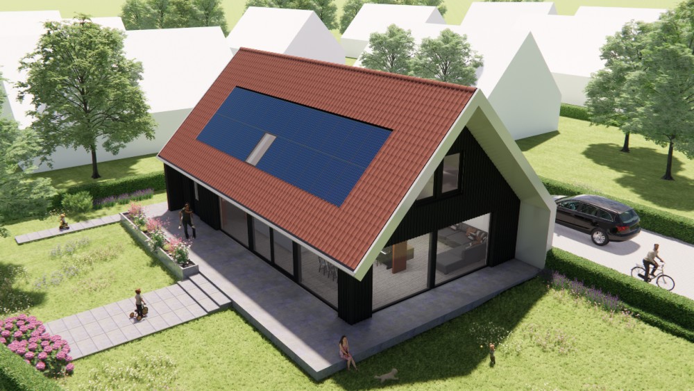 3D Render van schuurwoning met houten gevels, zadeldak en rode gegolfde dakpannen 7