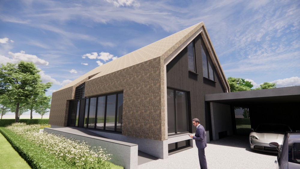 Afbeelding van Moderne schuurwoning met rieten zadeldak en houten gevels - e3d9682a-ffd3-47d6-8717-ac548a74fbd5