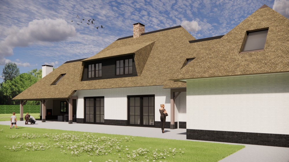 3D Render van landelijke villa met rieten schilddak, houten luiken en wit pleisterwerk 4