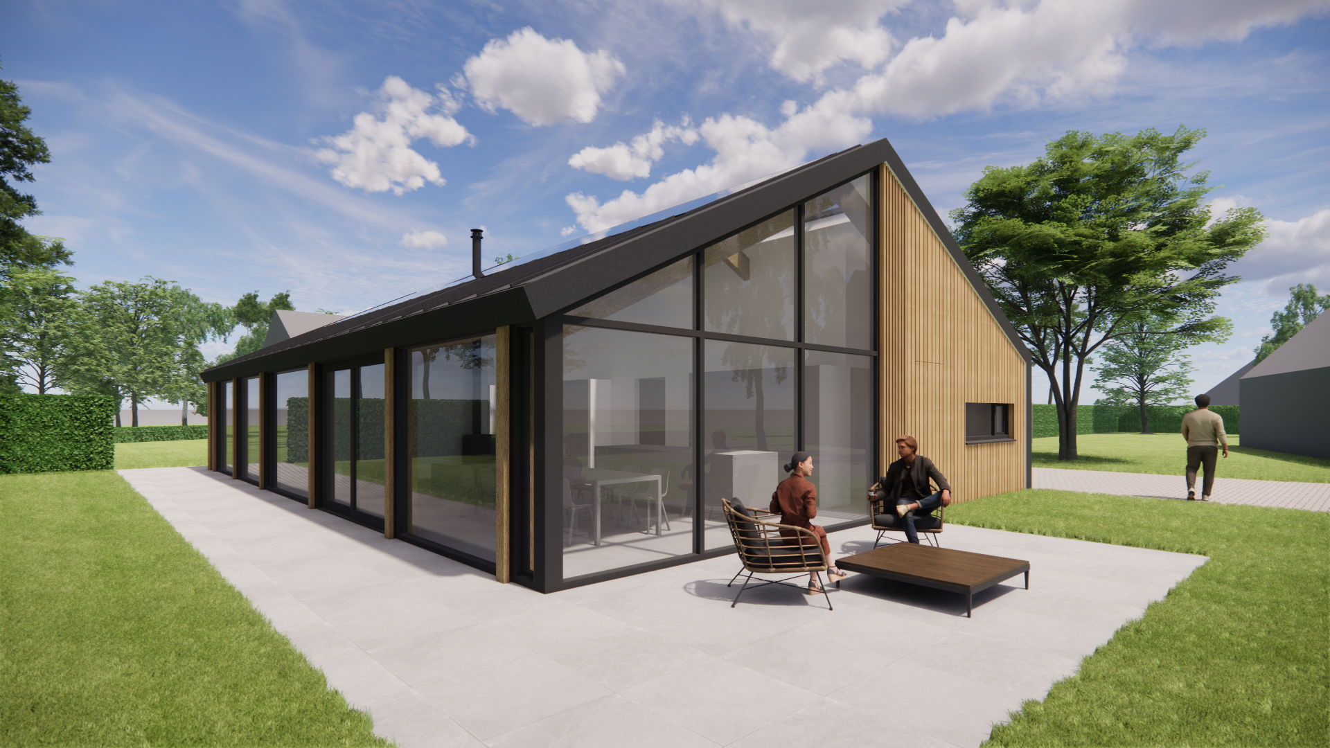 3D render van Schuurwoning met houten gevel en donker felsplaten zadeldak
