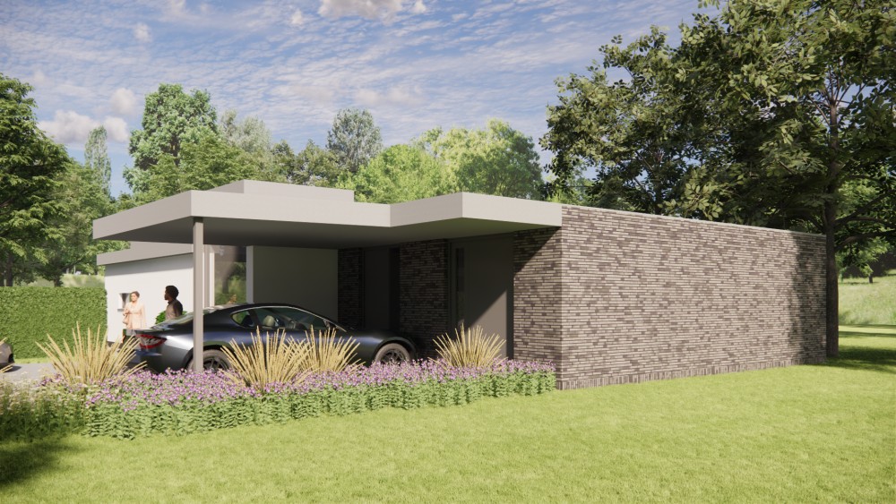 3D Render van vrijstaande kubistische woning met pleisterwerk en plat dak 5