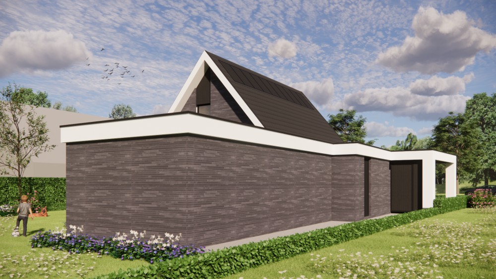 3D Render van moderne woning met metselwerk gevel, hoekkozijn en overkapt terras 5