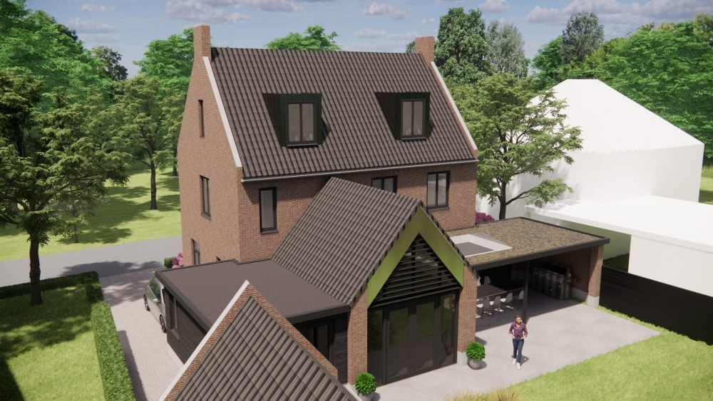 3D Render van kempisch vrijstaand woonhuis met metselwerk gevels, zadeldak en gegolfde dakpannen 9