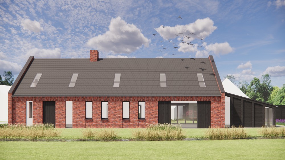 Afbeelding van Vrijstaande moderne woning in rood metselwerk met zadeldak in vlakke dakpannen en houtaccenten - 2dcdd97b-d875-4856-a286-8035b7316a19