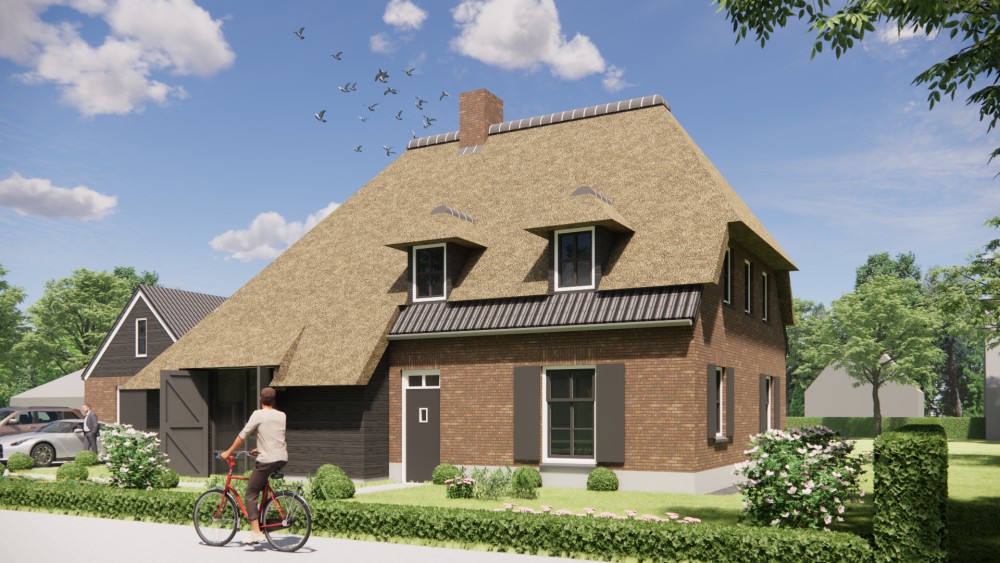 Afbeelding van Vrijstaand landelijk huis met metselwerk gevels en wolfsdak in riet en gegolfde pannen - 1500044d-a52e-4225-b348-1803a83b1f78