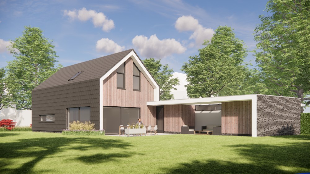 Afbeelding van Eigentijdse schuurwoning met zadeldak bruine houten gevel en vlakke dakpannen - 3af70f0b-78f3-4b19-91d0-a757810179c1