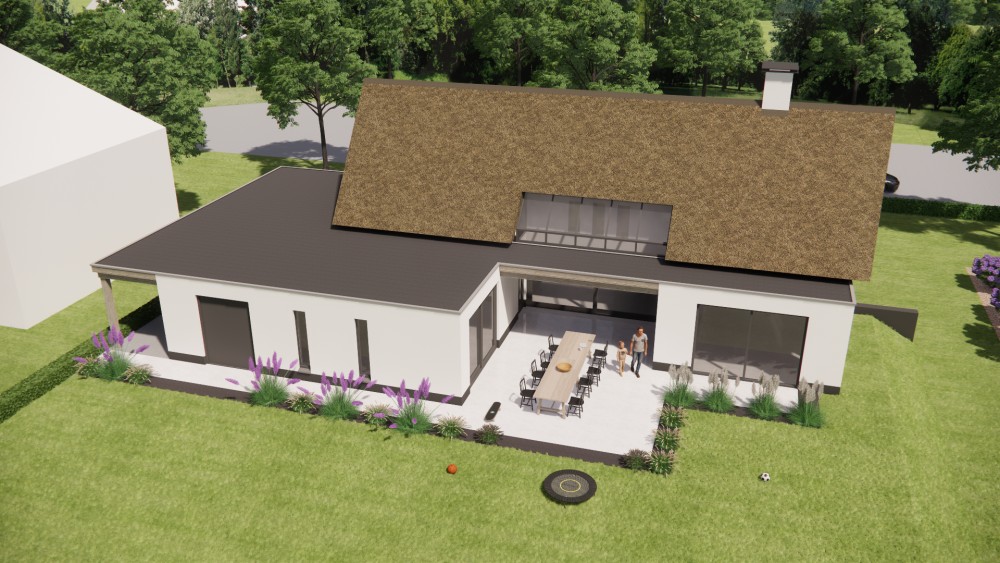 3D Render van moderne vrijstaande woning met rieten zadeldak witte pleistergevel en houtaccenten 10