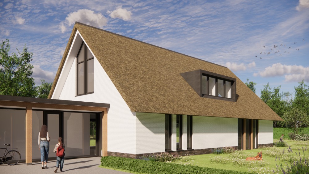 Afbeelding van Moderne L-vormige woning met rieten zadeldak en gekeimde gevels - 1c6a0366-39c2-4c5e-9de1-43f281d360f8