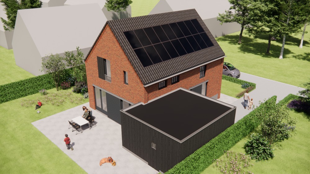 3D Render van industriele schuurwoning met metselwerk gevel en grote raampartijen 8