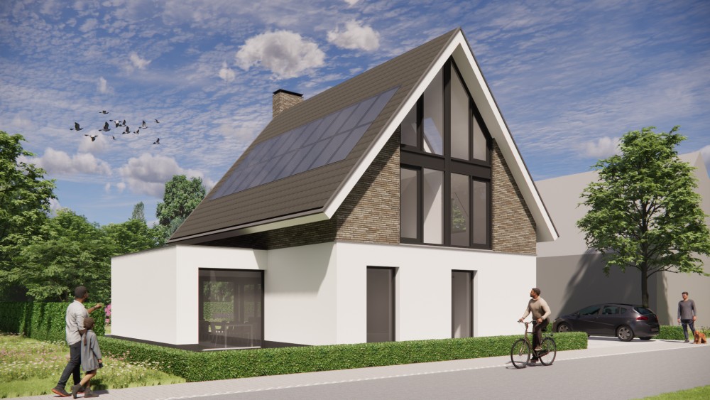 3D Render van woning met wit stucwerk, houten accenten en overstekend zadeldak 5
