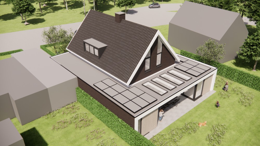 3D Render van eigentijdse woning met metselwerk gevel, houten accenten en markant zadeldak 8