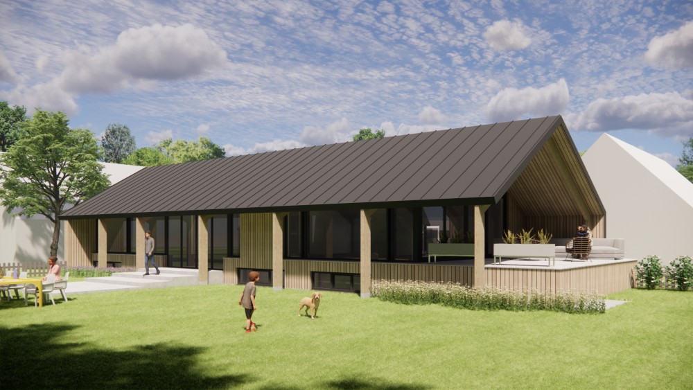 3D Render van moderne schuurwoning met houten gevel felsplaat zadeldak en overstekken 6