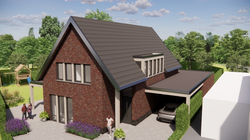 3D Render van moderne vrijstaande woning met metselwerk gevels en zadeldak met vlakke dakpannen 9