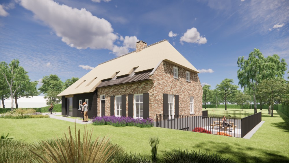 Afbeelding van Landelijke boerderijwoning met rieten wolfsdak en metselwerk met houten accenten - 6635d8b0-74b1-40bd-83d8-d9b409c96c73