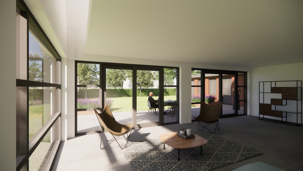 3D Render van moderne vrijstaande woning in metselwerk met zadeldak en vlakke dakpannen 6