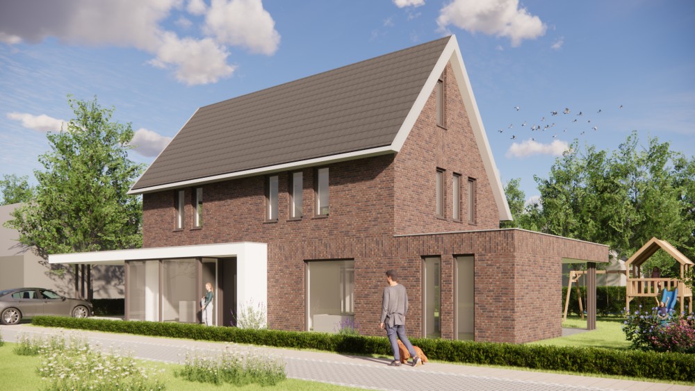 Afbeelding van Moderne woning met zadeldak, metselwerk en verholen dakgoot - 1a0e36df-ca3a-4364-b7ac-4f8f5150a327