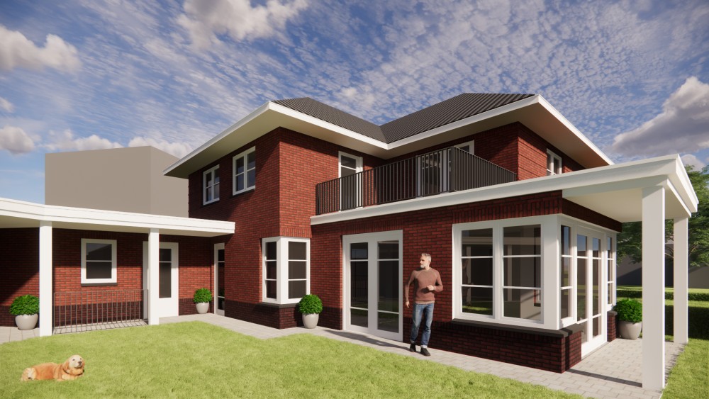 Afbeelding van Vrijstaand jaren 30 huis met metselwerkgevels en schilddak met gegolfde dakpannen - 7dd67145-51f7-41d8-a8cc-1d61e41121e4