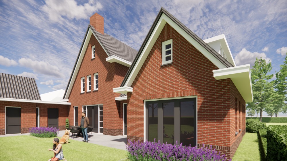3D Render van vrijstaande jaren 30 woning met metselwerk gevels en zadeldak met gegolfde dakpannen 6