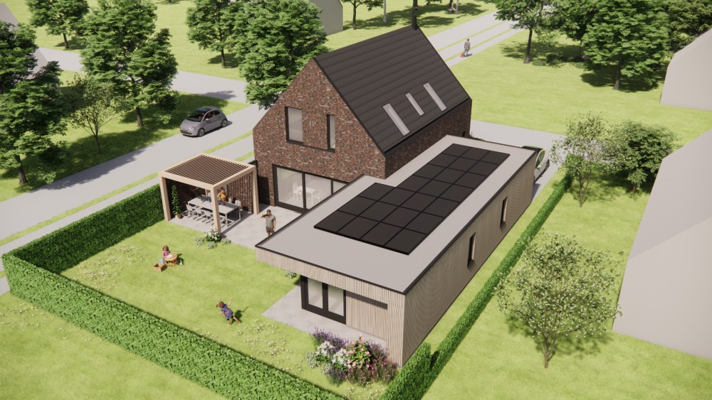 3D Render van moderne woning met metselwerk gevels, hoekkozijnen en houten accenten 7