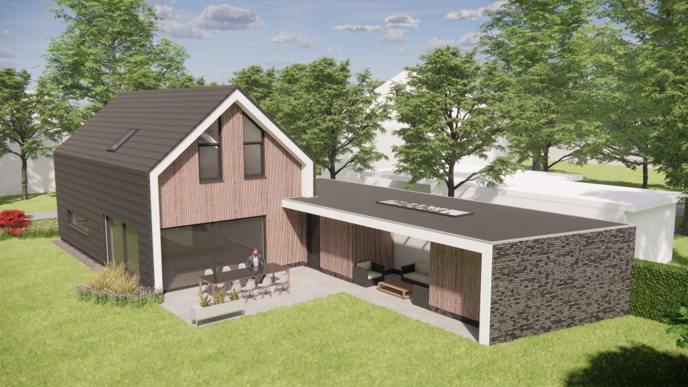 3D Render van eigentijdse schuurwoning met zadeldak bruine houten gevel en vlakke dakpannen 9