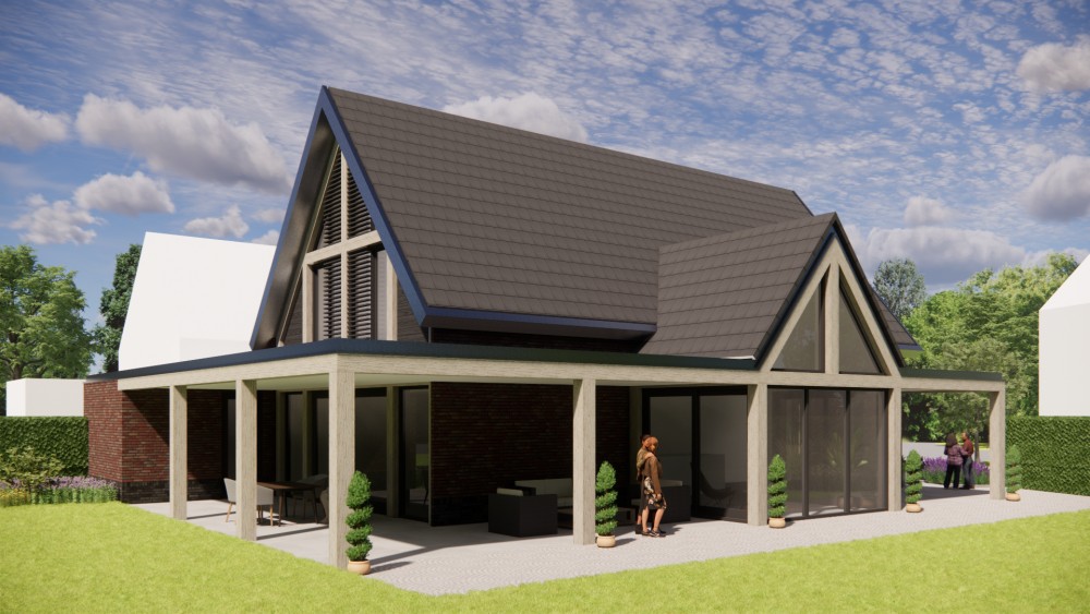 3D Render van moderne vrijstaande woning met metselwerk gevels en zadeldak met vlakke dakpannen 7