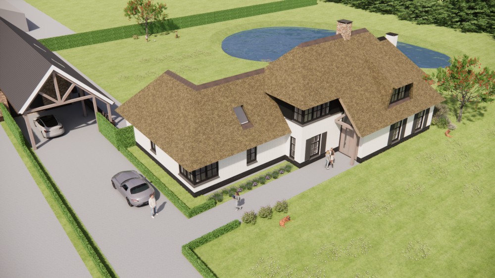 3D Render van landelijke villa met rieten schilddak, houten luiken en wit pleisterwerk 10