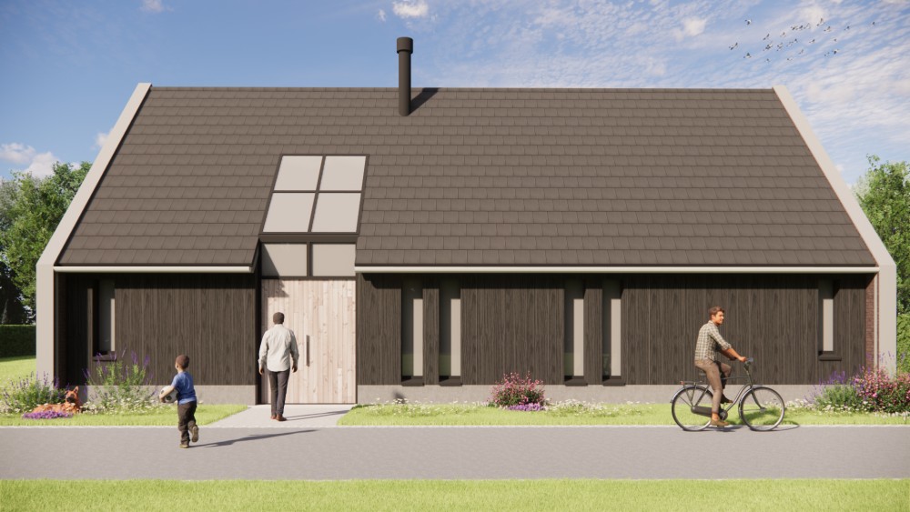 Afbeelding van Moderne woning met zadeldak, metselwerk en doorlopende kozijnen - d6cf78ff-81a3-4cb5-aa7c-3de8e3a7e72c