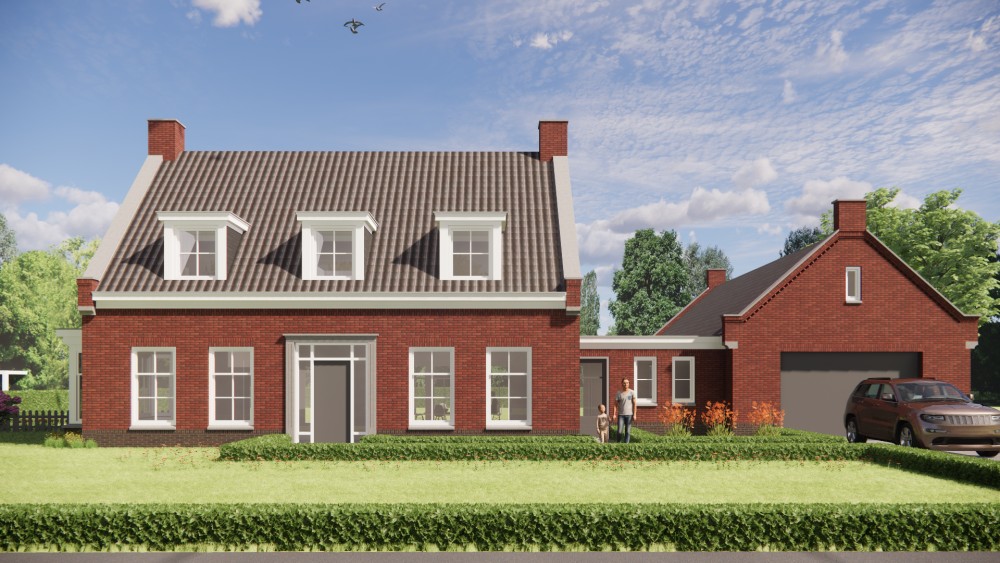 3D Render van traditionele notariswoning met metselwerk gevels, zadeldak en erker 6