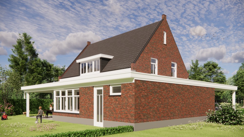 3D Render van traditionele notariswoning met metselwerkgevel, zadeldak en verfijnde details 4